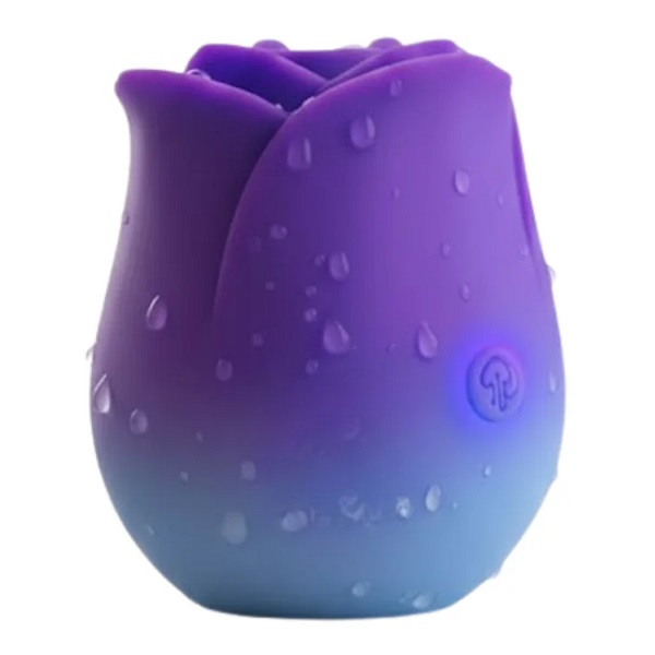 Rose-shaped silicone gadget with a purple-to-blue gradient, water drop texture, and a small circular power button on the side.