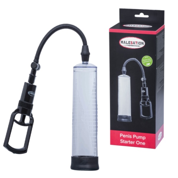 Penis pump starter kit with a clear cylinder, flexible hose, and a black hand pump beside the product box.