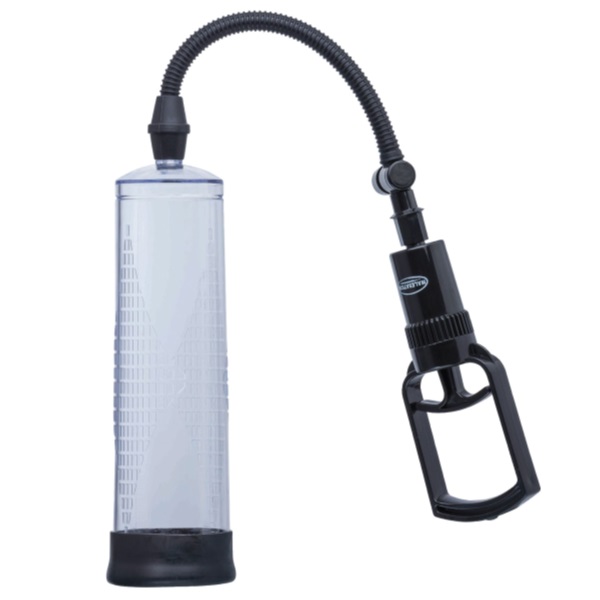 Penis pump with a clear cylindrical chamber and a hand-operated pump connected by a flexible hose.