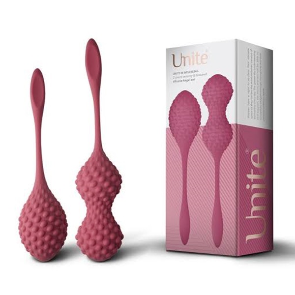 Rocks-Off Unite Kegel Set 1 Two pink textured silicone pelvic floor exercise balls next to their white and pink box labeled 'umbite'.
